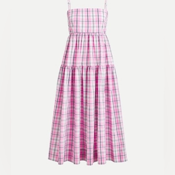 J. Crew, Tie-back Tiered Poplin Midi Dress in Violet Plaid, Size 12 - Picture 1 of 9
